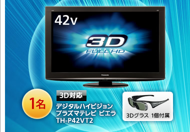 3D対応　デジタルハイビジョン プラズマテレビ ビエラ TH-P42VT2　1名　3Dグラス　1個付属