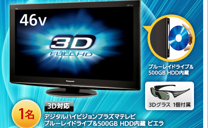 3D対応　デジタルハイビジョンプラズマテレビ ブルーレイドライブ＆500GB HDD内蔵 ビエラ TH-P46RT2B　1名　3Dグラス　1個付属